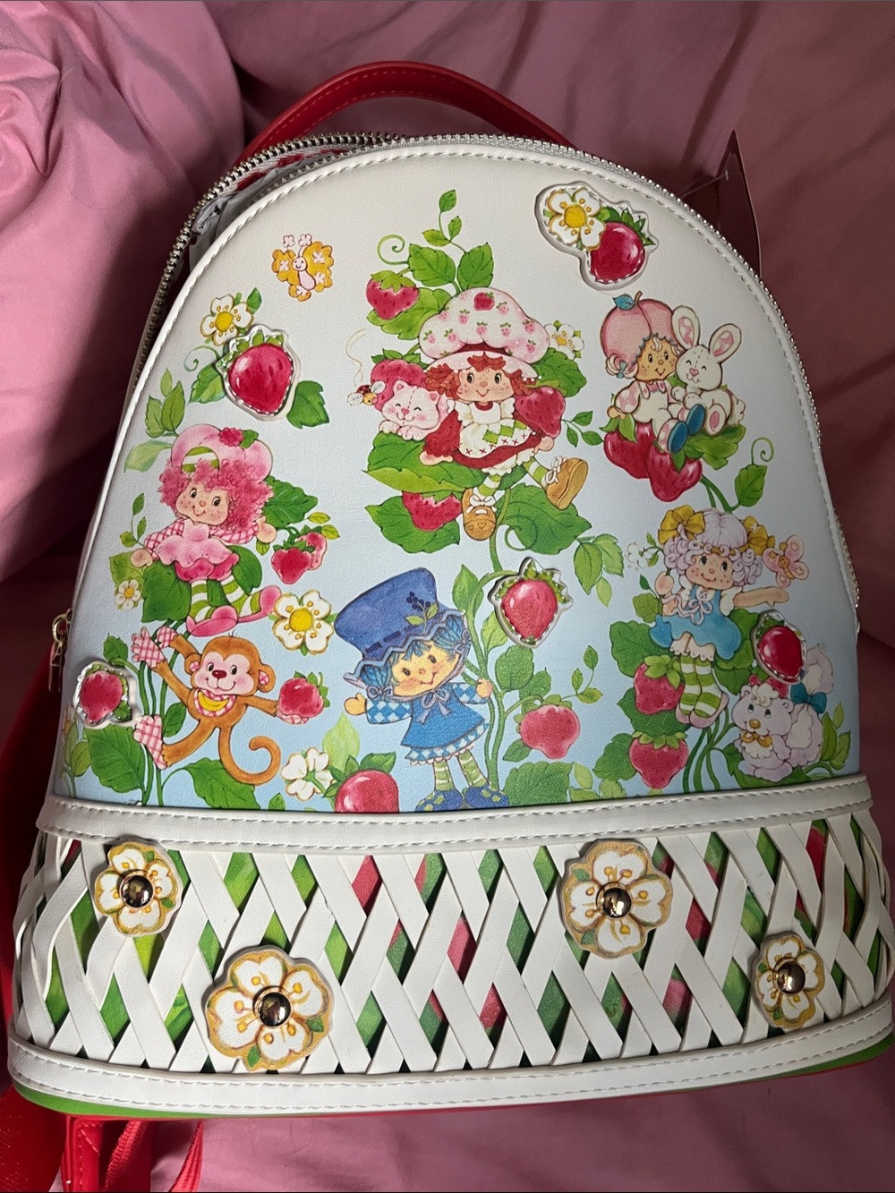 White Kids Backpack with Strawberry Garden Characters and Floral Lattice Trim